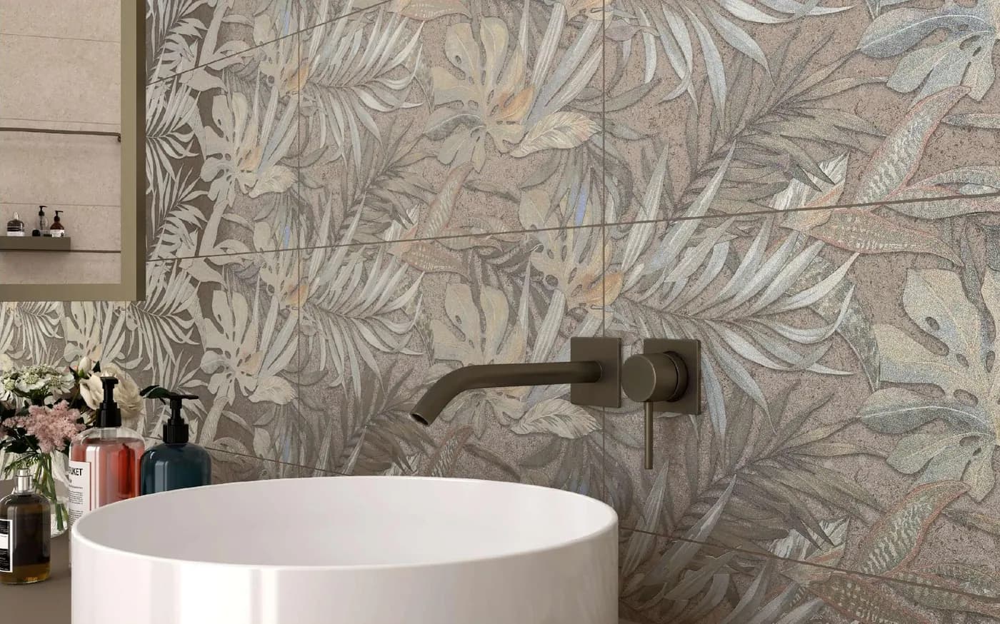 Ocean Ceramics Evros botanical decor wall tiles behind a basin